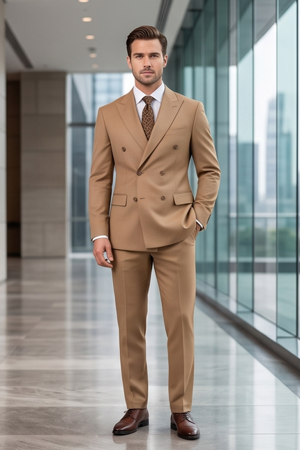 The Sovereign Double-Breasted Slim-Fit Suit – Camel Wool Blend