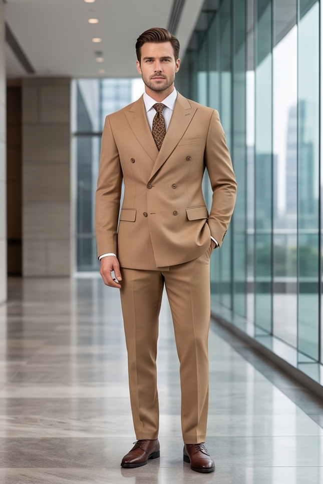 The Sovereign Double-Breasted Slim-Fit Suit – Camel Wool Blend