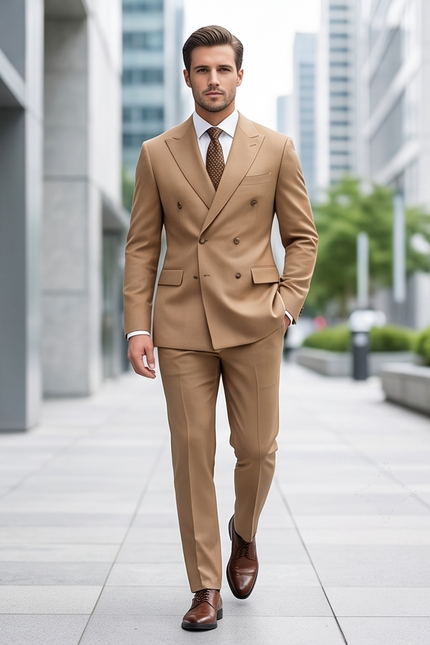 The Sovereign Double-Breasted Slim-Fit Suit – Camel Wool Blend