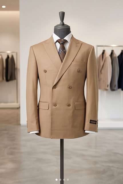 The Sovereign Double-Breasted Slim-Fit Suit – Camel Wool Blend