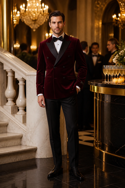 Blazer de smoking croisé en velours bordeaux