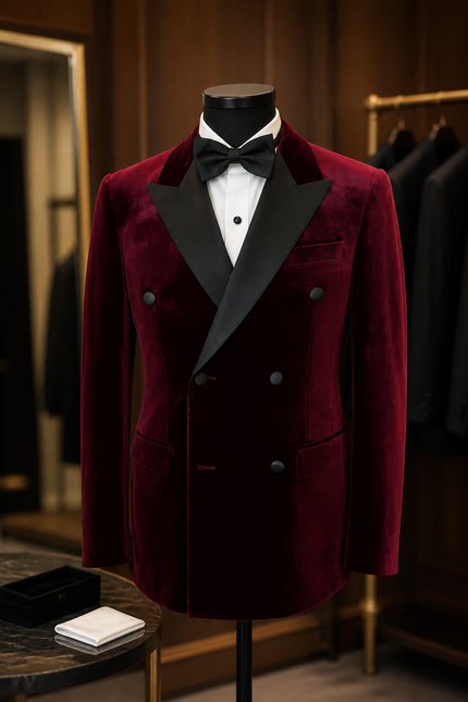 Blazer de smoking croisé en velours bordeaux