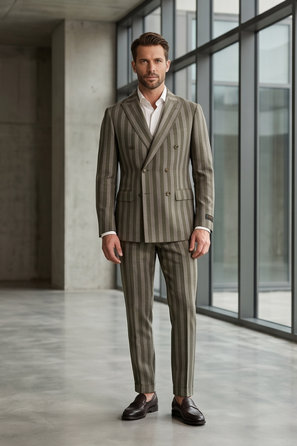 A man stands in a modern concrete building wearing a double-breasted pinstripe suit in muted olive-gray and beige tones, paired with a white dress shirt and dark brown loafers.