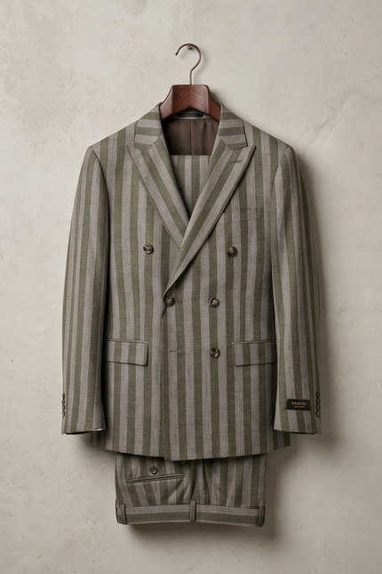 A double-breasted suit jacket and matching trousers in a gray and beige vertically striped linen fabric, hanging on a wooden hanger against a textured beige wall.