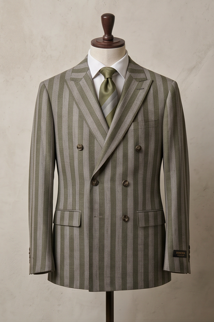 A double-breasted suit jacket with vertical stripes in gray and beige, styled on a mannequin with a white dress shirt and an olive green tie against a textured beige background.