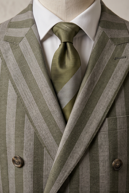 A close-up of a men's double-breasted suit jacket on a dress form, featuring vertical stripes in olive green and gray. The jacket is styled with a white dress shirt and a matching olive green patterned tie.