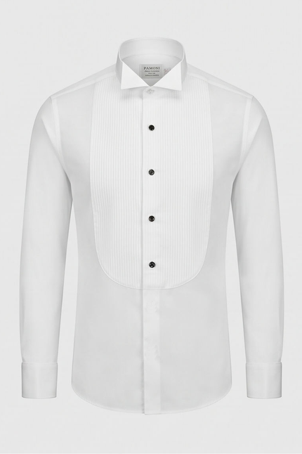 A white long-sleeve formal dress shirt with a structured collar, black buttons, and a decorative pleated front panel, shown on a light gray background.