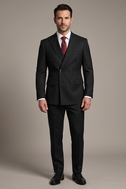 A man modeling a black double-breasted suit with a white dress shirt, a red tie, and black dress shoes against a solid warm gray studio background.