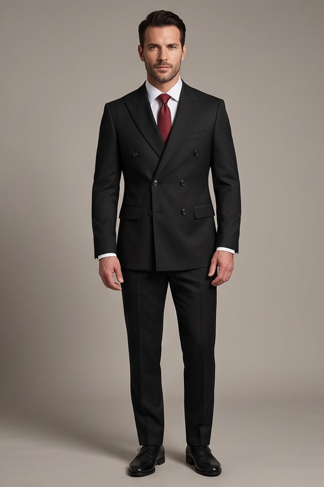 A man modeling a black double-breasted suit with a white dress shirt, a red tie, and black dress shoes against a solid warm gray studio background.