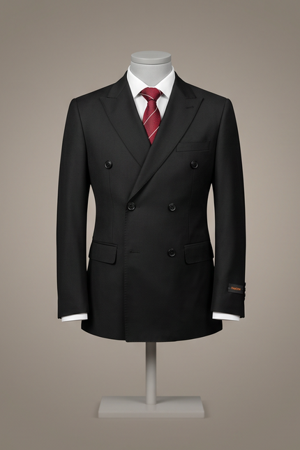 A black double-breasted suit jacket displayed on a mannequin torso with a white dress shirt and a red striped tie, set against a solid warm gray background.