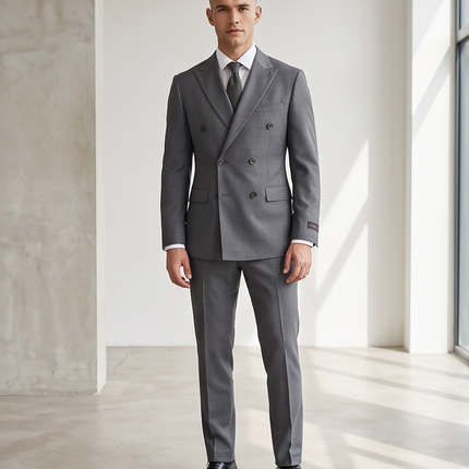 A man wearing a gray double-breasted suit, white dress shirt, and gray tie, standing in a bright, modern room with concrete walls and large windows.