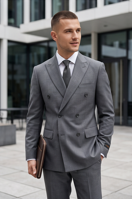 A man wearing a double-breasted gray suit, white dress shirt, and dark gray tie, standing outdoors in front of a modern glass building and holding a brown folder.