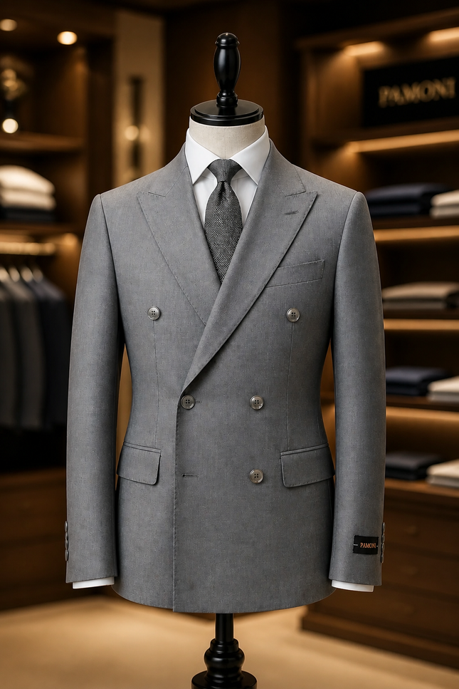 A light gray double-breasted suit jacket displayed on a black mannequin torso, styled with a white dress shirt and a gray tie inside a luxury clothing boutique with warm lighting.