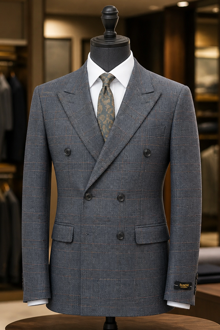 A gray double-breasted suit jacket with a subtle windowpane check pattern, displayed on a black mannequin torso in a luxury clothing boutique. The jacket is styled with a white dress shirt and a patterned tie.
