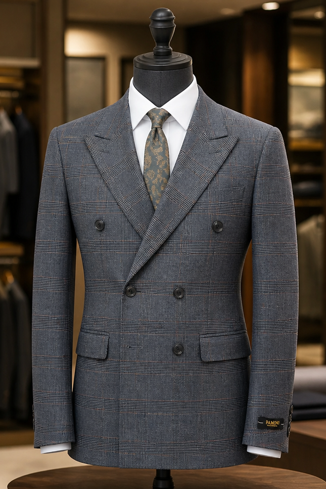 A gray double-breasted suit jacket with a subtle windowpane check pattern, displayed on a black mannequin torso in a luxury clothing boutique. The jacket is styled with a white dress shirt and a patterned tie.