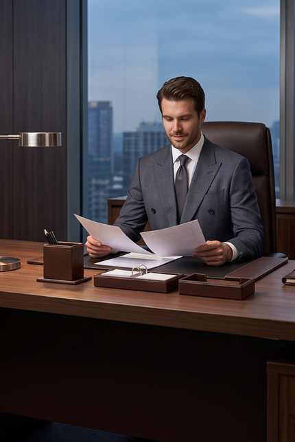 A man in a gray double-breasted suit sits at a wooden desk in a modern office, reading papers. The desk has a silver desk lamp, a pen holder, and a ring tray, with a large window showing a city skyline behind him.