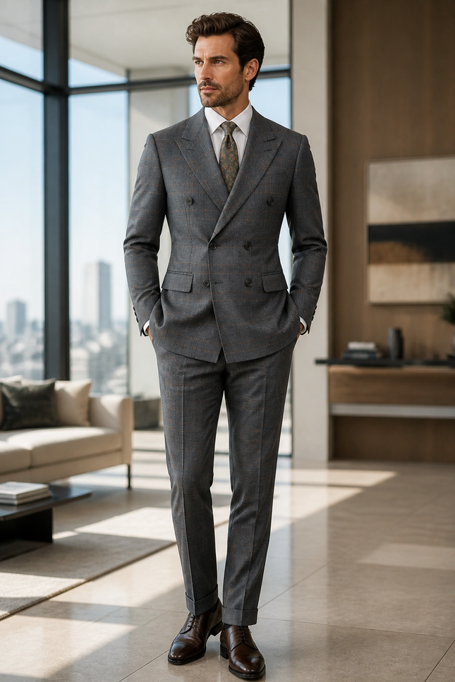 A man wearing a gray double-breasted suit with a white shirt and a patterned tie, standing in a modern, sunlit loft apartment.
