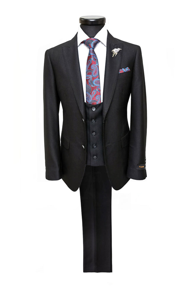 Costume noir texturé à deux boutons, coupe slim