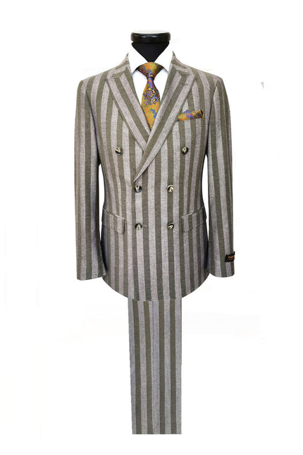 Brown Khaki Bold Stripe Double Breasted Suit