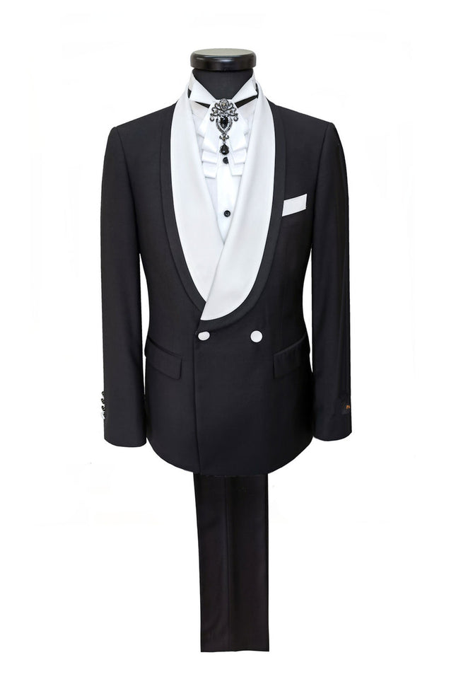Black Double Breasted Tuxedo With White Shawl Lapel