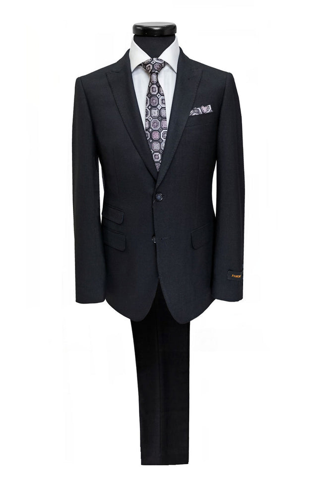 Black PAMONI two-button slim fit suit displayed on a mannequin, showcasing tailored lapels and sleek design.