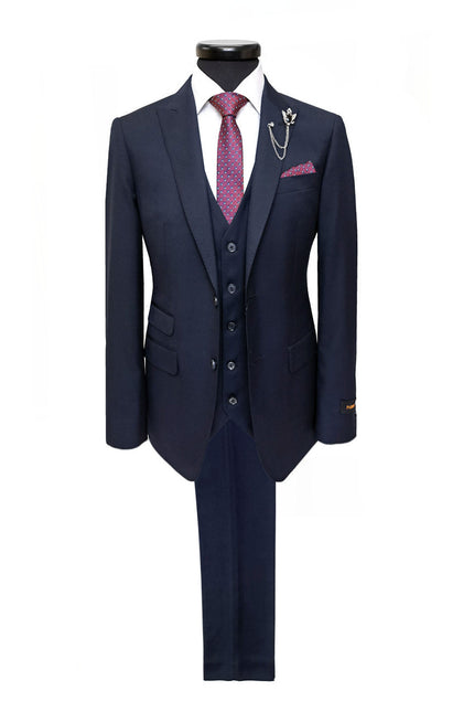 Navy two-button 3-piece suit by PAMONI featuring a tailored blazer, matching vest, and trousers displayed on a hanger.
