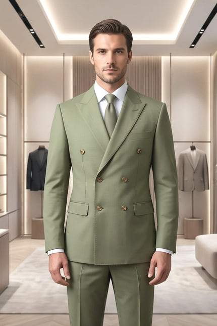 Sage Elegance: Double-Breasted Wool Blend Suit