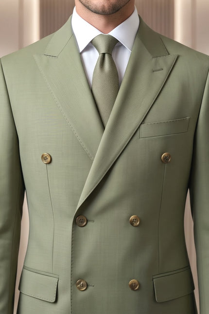 Sage Elegance: Double-Breasted Wool Blend Suit
