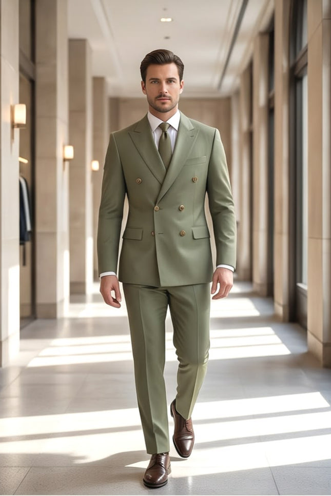 Sage Elegance: Double-Breasted Wool Blend Suit