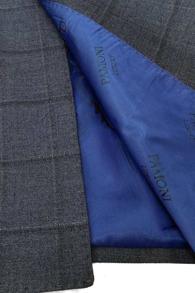 GREY CHECK DOUBLE BREASTED SUIT CLOSE UP