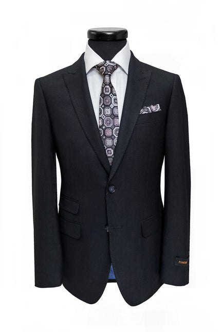 Black PAMONI two-button slim fit suit jacket, tailored with a sleek lapel and structured fit, shown on a hanger.