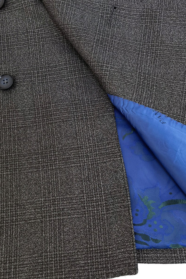 Dark Grey Prince Of Wales Check Double Breasted Suit Close Up