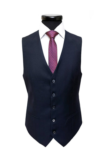 Navy PAMONI three-piece suit with two-button jacket and matching trousers, displayed on a hanger.