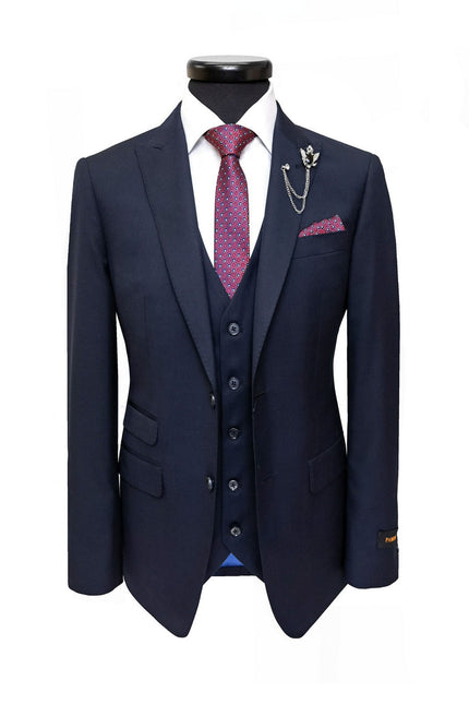 Navy two-button 3-piece suit by PAMONI, featuring tailored jacket, matching vest, and trousers on a white background.