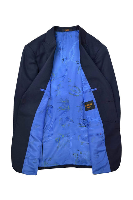 Navy two-button 3-piece suit by PAMONI, featuring a tailored blazer, vest, and matching trousers on a hanger.