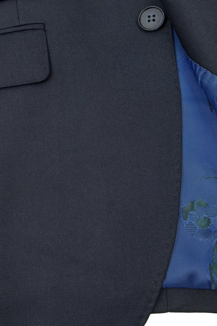 Navy PAMONI two-button 3-piece suit displayed on a hanger, featuring jacket, vest, and matching trousers for formal wear.