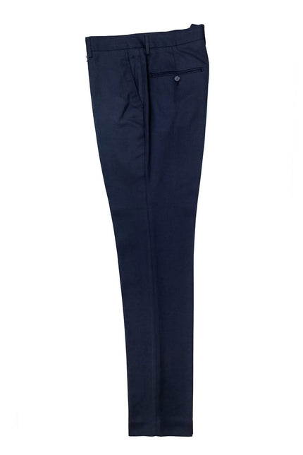 Navy two-button 3-piece suit by PAMONI, featuring a jacket, vest, and matching trousers displayed on a hanger.