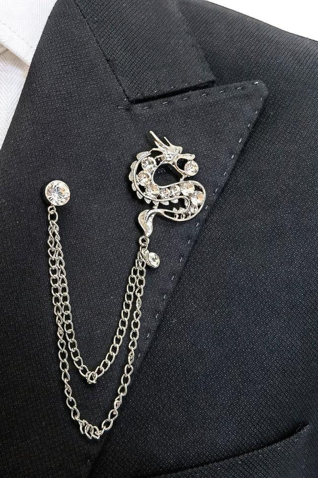 Silver Jewelled Dragon Chain Lapel Pin
