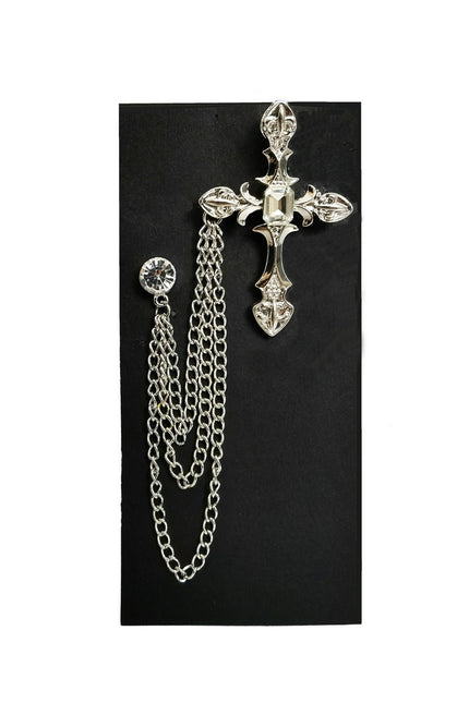 Jewelled Silver Cross Chain Lapel Pin