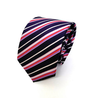 Purple and red striped PAMONI tie with a classic pattern, shown neatly folded on a plain background.