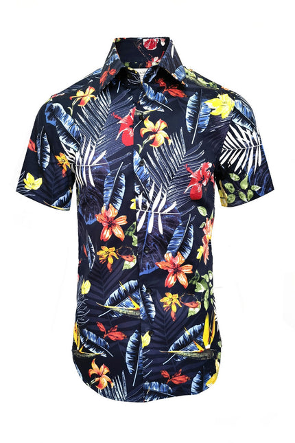 Navy Flower Print Short Sleeves Shirt