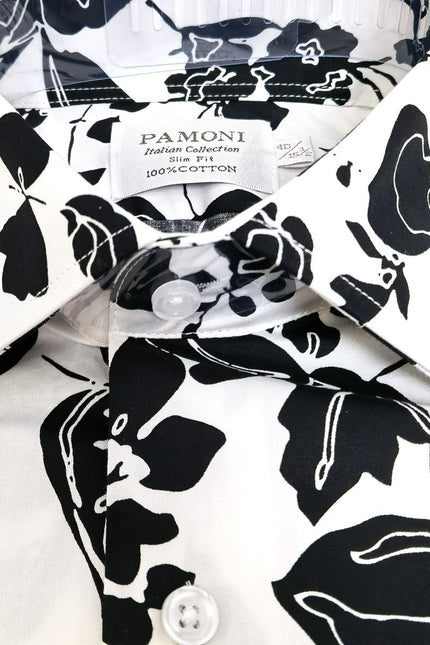 White & Black Flower Print Short Sleeves Shirt