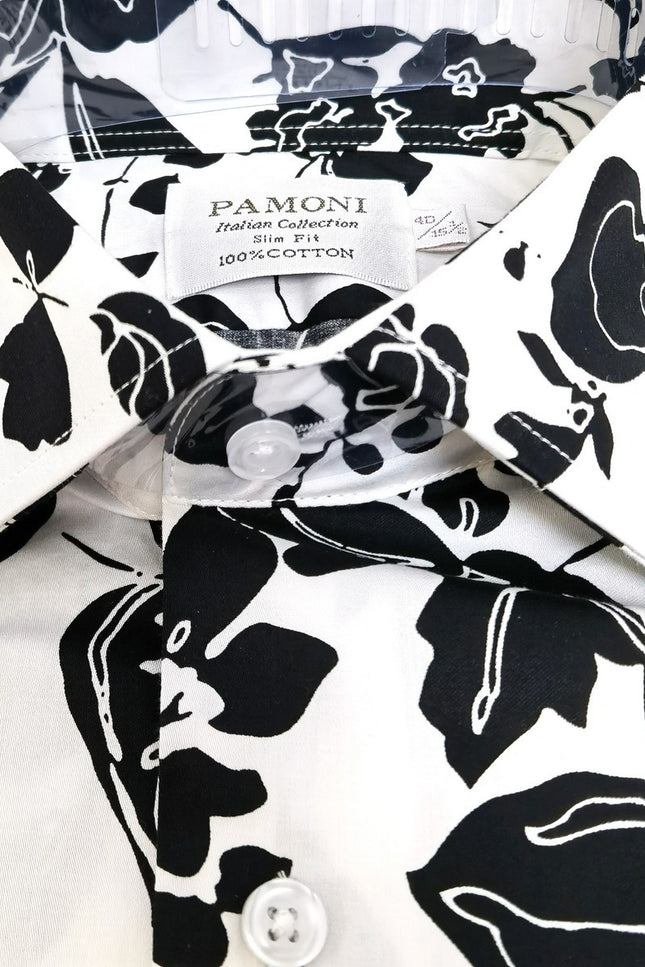 White & Black Flower Print Short Sleeves Shirt