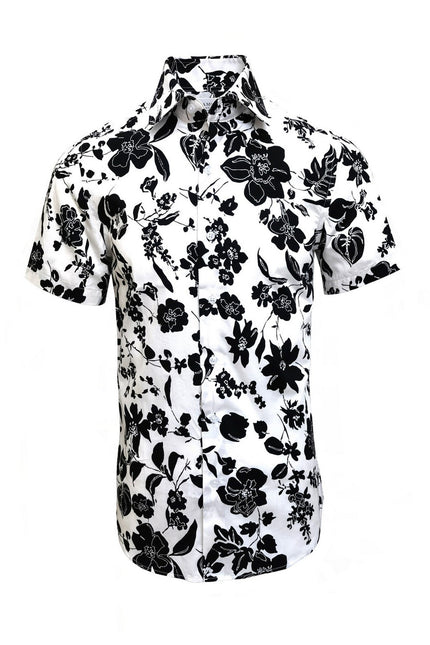 White & Black Flower Print Short Sleeves Shirt