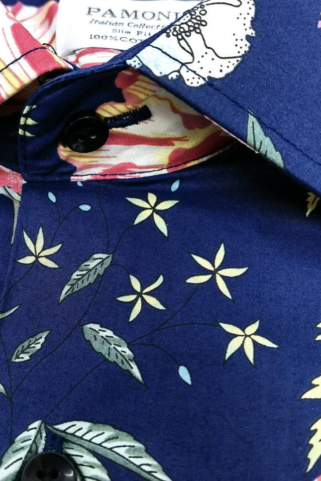 Blue Flower Print Short Sleeves Shirt