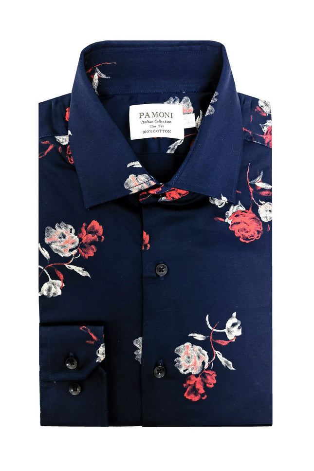 Navy Floral Print Slim Fit Shirt