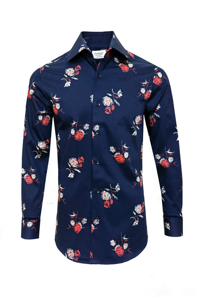Navy Floral Print Slim Fit Shirt