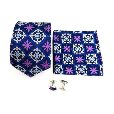 Ensemble cravate et boutons de manchette à motif géométrique violet et bleu