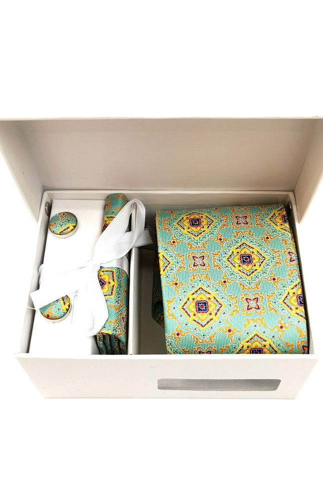 Mint Yellow Geometric Tie & Cufflinks Set