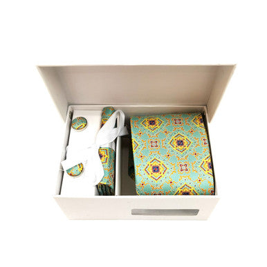 Mint yellow geometric tie and cufflinks set by PAMONI, featuring matching accessories with modern geometric designs.